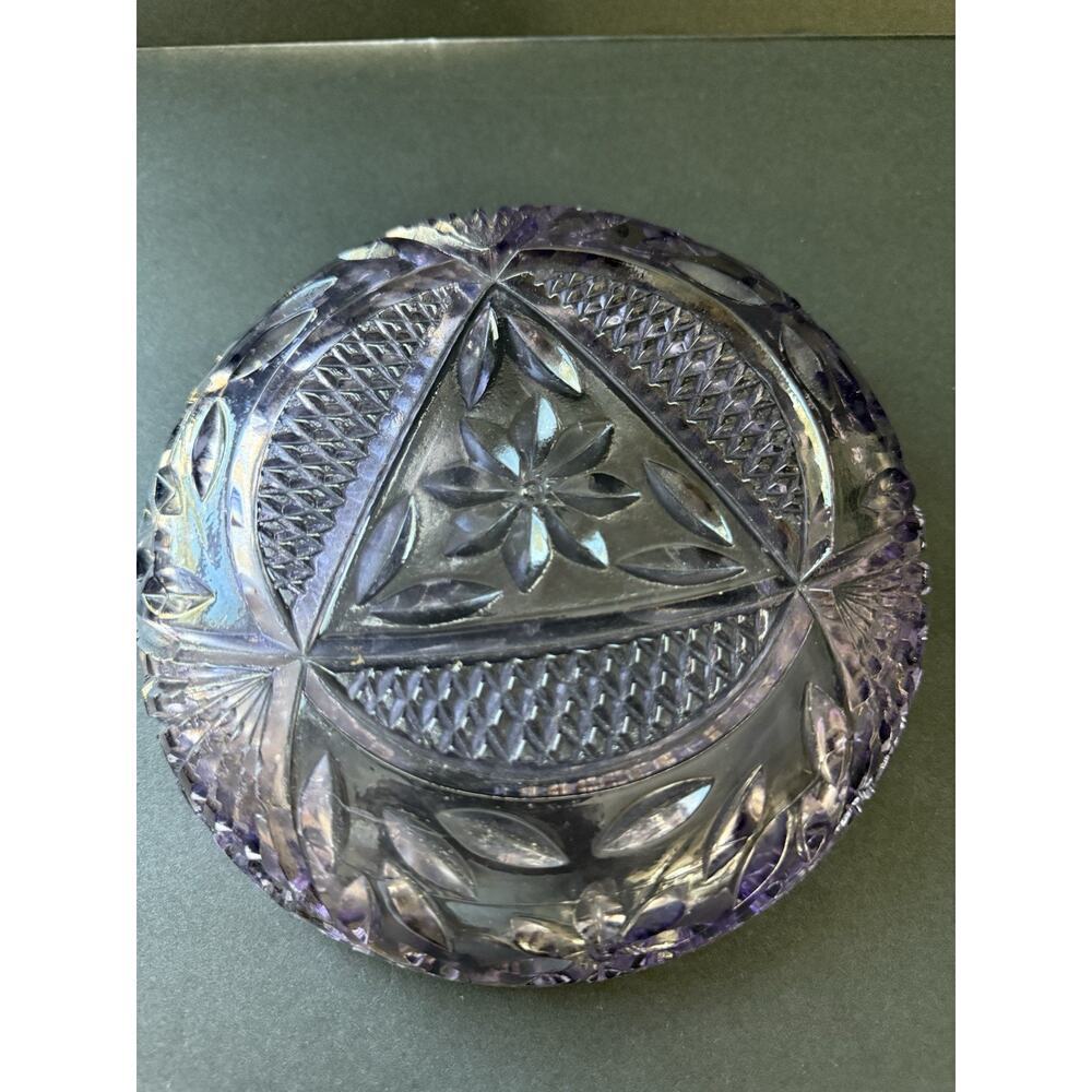 Vintage Cut Glass Nappy Trinket Dish Bowl Purple Retro Cottagecore - Picture 5 of 7